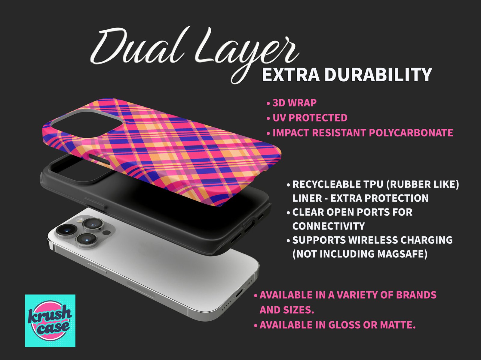 Pink and Blue Plaid Phone Case | Peach Tartan Check Pattern | Glossy Protective Cover for iPhone and Samsung | Bright Preppy Style - Image 2